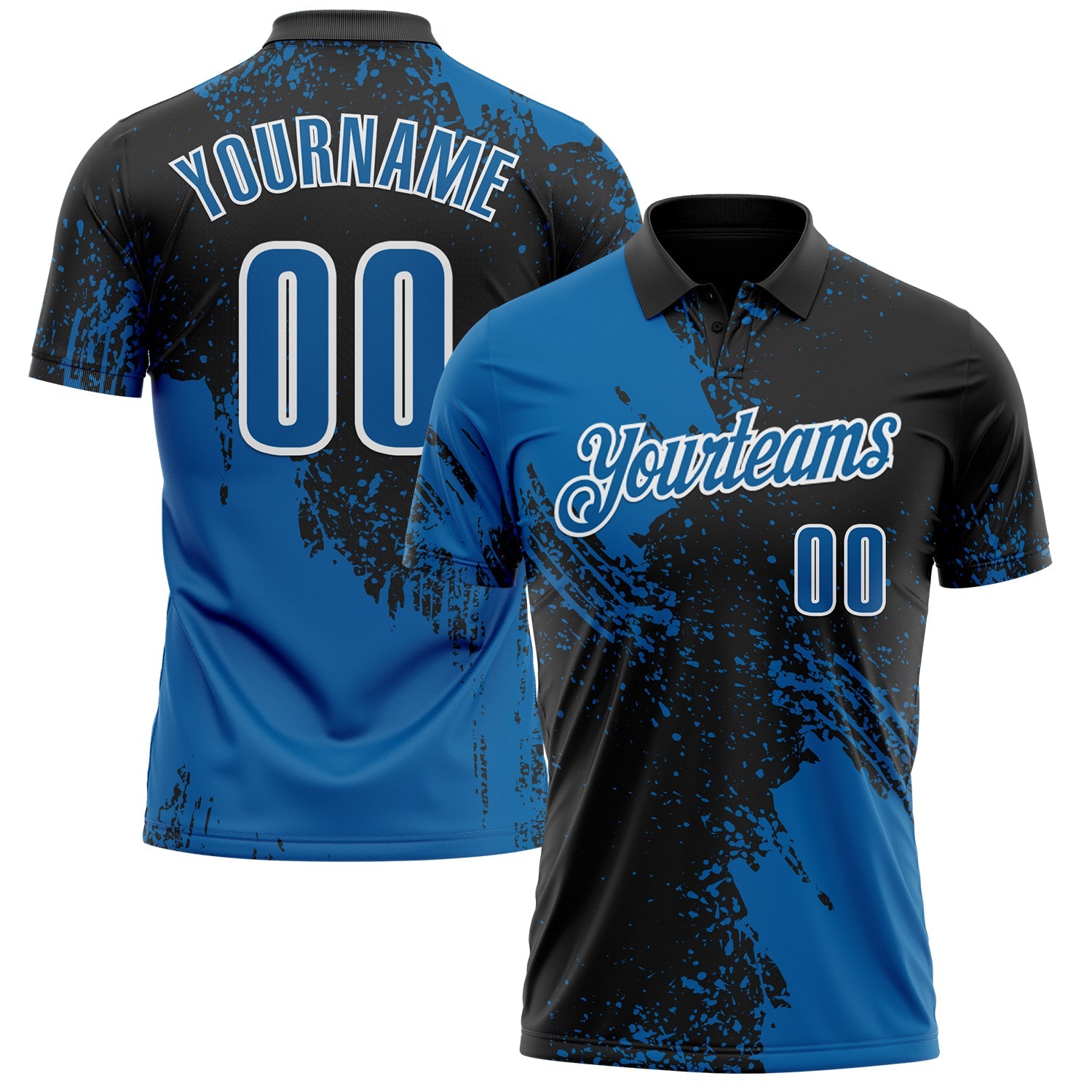 Custom Blue Black-White 3D Pattern Design Abstract Brush Stroke Performance Polo Shirt