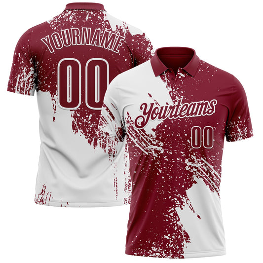 Custom White Crimson 3D Pattern Design Abstract Brush Stroke Performance Polo Shirt