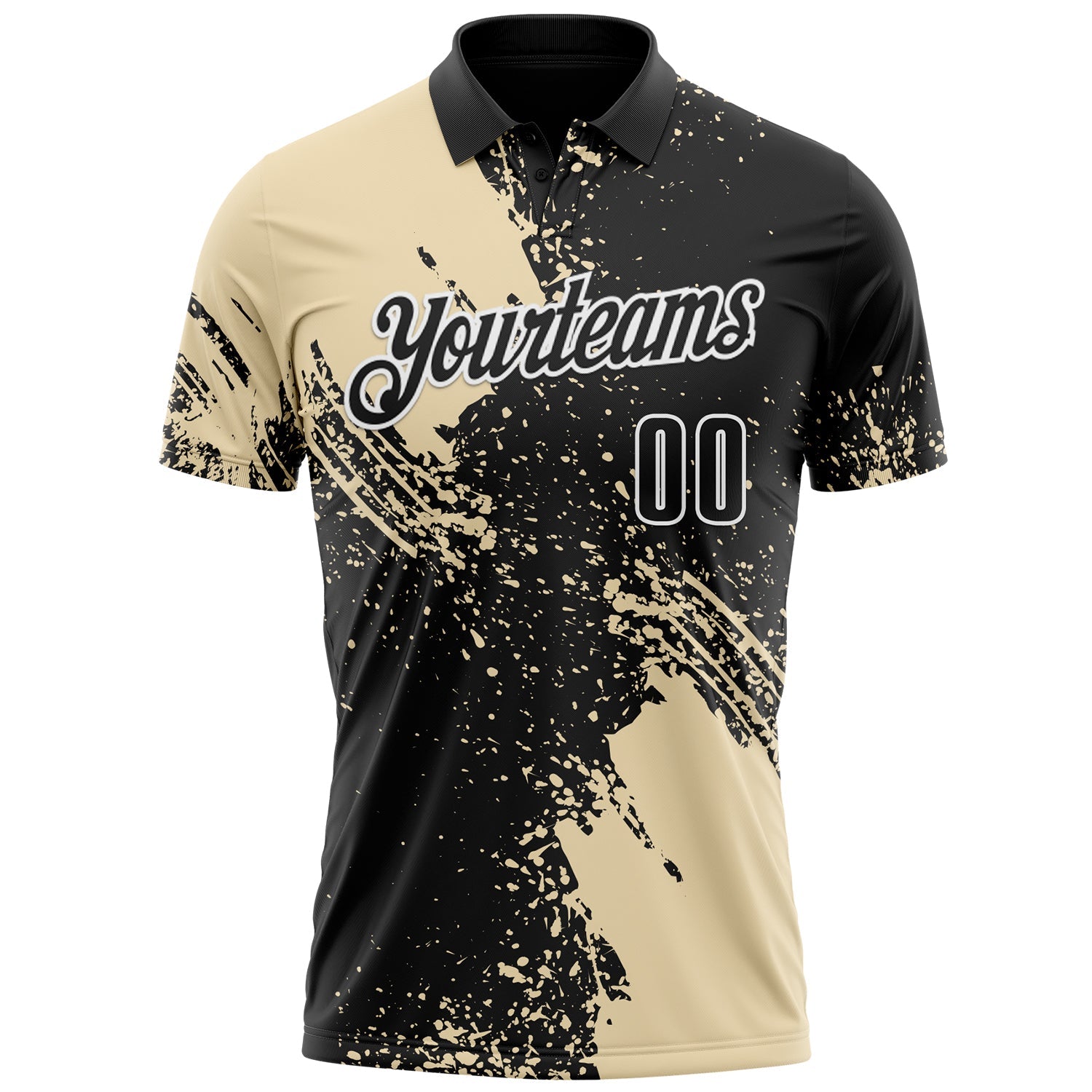 Custom Cream Black-White 3D Pattern Design Abstract Brush Stroke Performance Polo Shirt