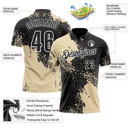 Custom Cream Black-White 3D Pattern Design Abstract Brush Stroke Performance Polo Shirt