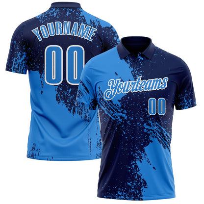 Custom Powder Blue Navy-White 3D Pattern Design Abstract Brush Stroke Performance Polo Shirt