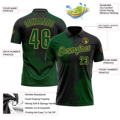 Custom Green Black-Old Gold 3D Pattern Design Abstract Brush Stroke Performance Polo Shirt