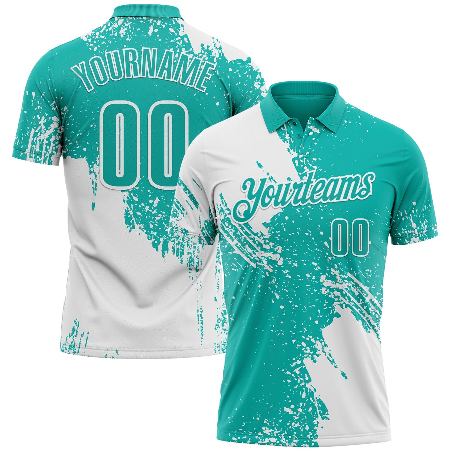 Custom White Aqua 3D Pattern Design Abstract Brush Stroke Performance Polo Shirt