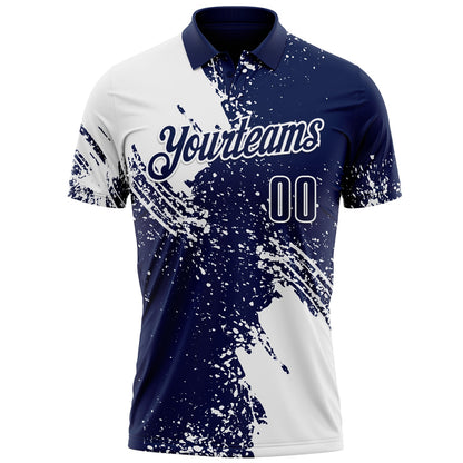 Custom White Navy 3D Pattern Design Abstract Brush Stroke Performance Polo Shirt
