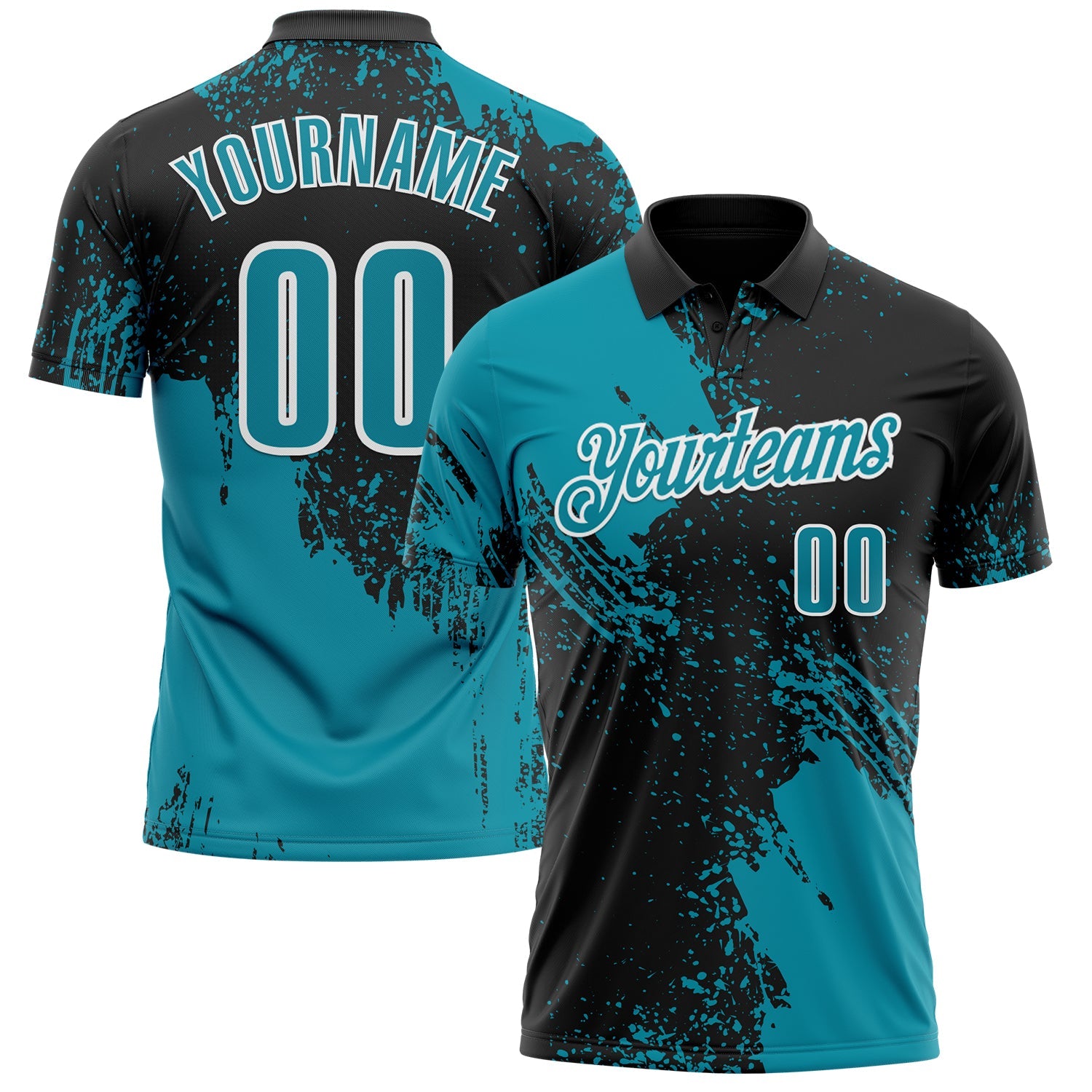 Custom Teal Black-White 3D Pattern Design Abstract Brush Stroke Performance Polo Shirt