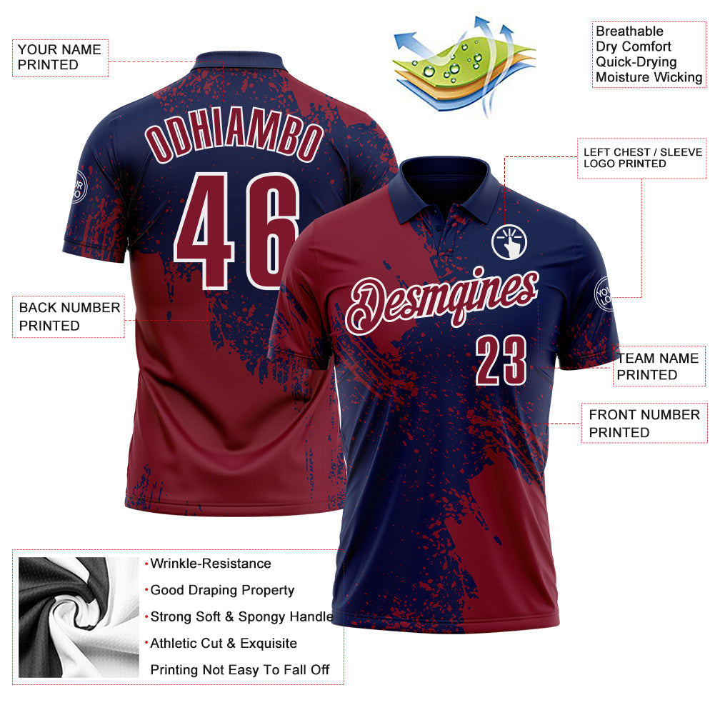 Custom Crimson Navy-White 3D Pattern Design Abstract Brush Stroke Performance Polo Shirt
