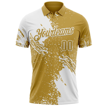 Custom White Old Gold 3D Pattern Design Abstract Brush Stroke Performance Polo Shirt
