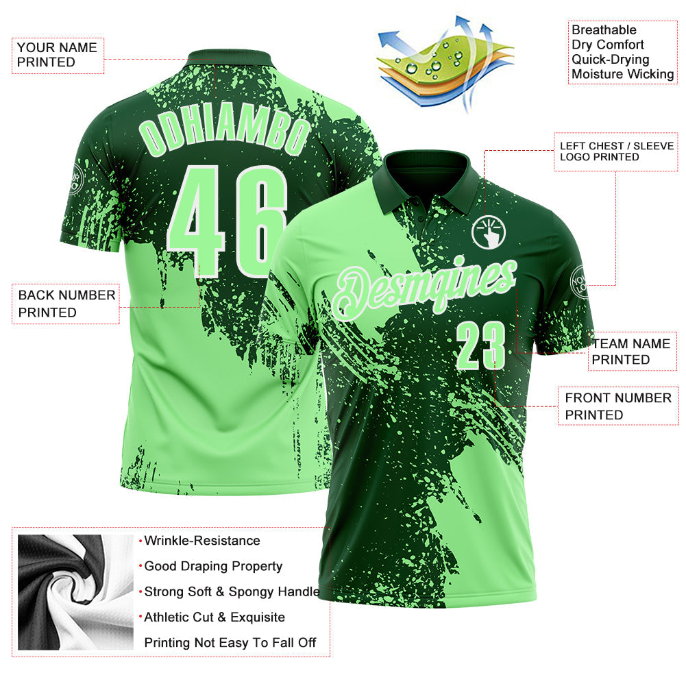 Custom Pea Green Green-White 3D Pattern Design Abstract Brush Stroke Performance Polo Shirt