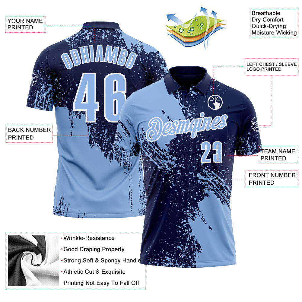 Custom Light Blue Navy-White 3D Pattern Design Abstract Brush Stroke Performance Polo Shirt