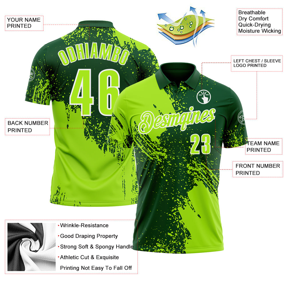 Custom Neon Green Green-White 3D Pattern Design Abstract Brush Stroke Performance Polo Shirt