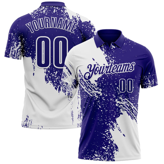 Custom White Dark Purple 3D Pattern Design Abstract Brush Stroke Performance Polo Shirt