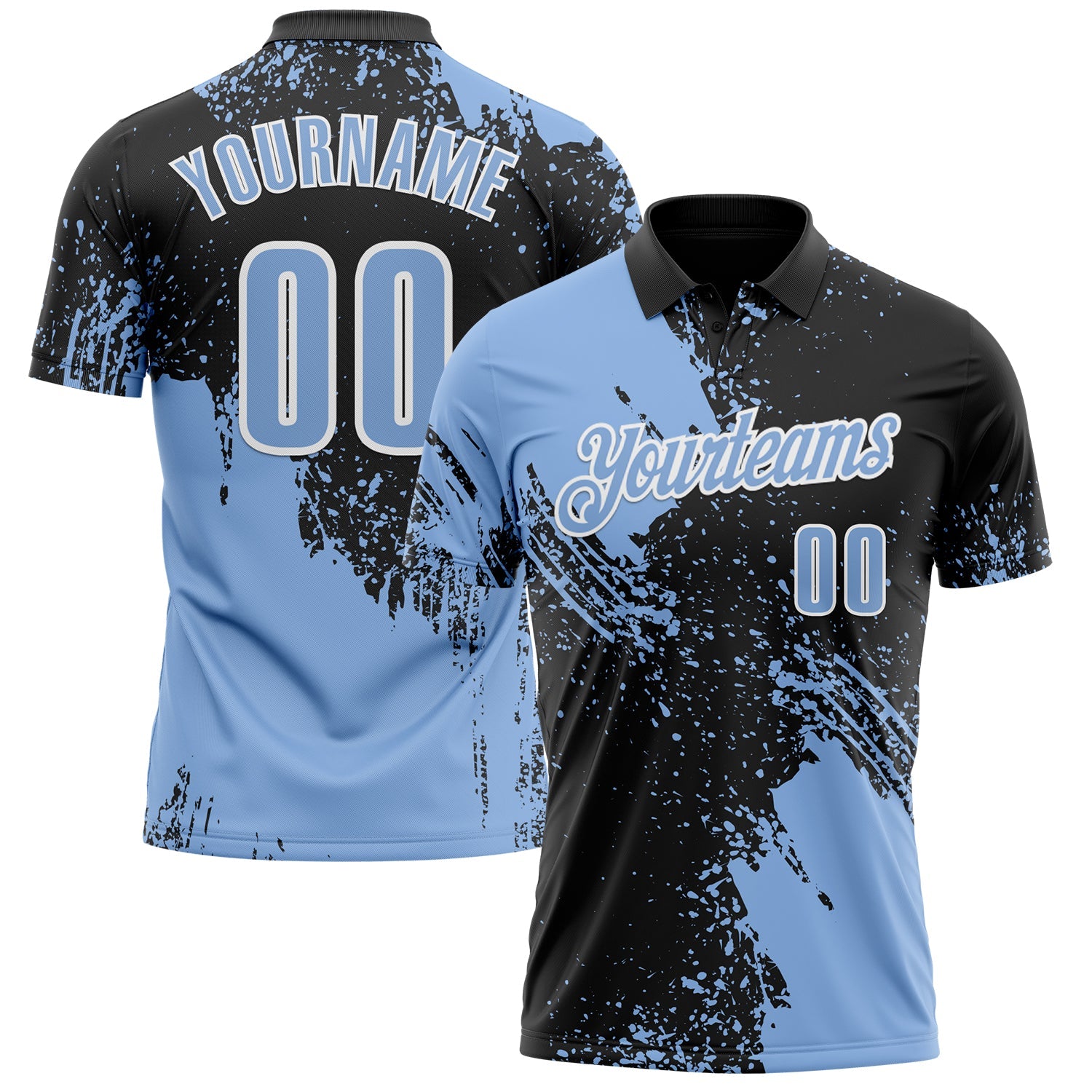 Custom Light Blue Black-White 3D Pattern Design Abstract Brush Stroke Performance Polo Shirt
