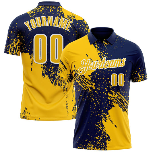 Custom Yellow Navy-White 3D Pattern Design Abstract Brush Stroke Performance Polo Shirt