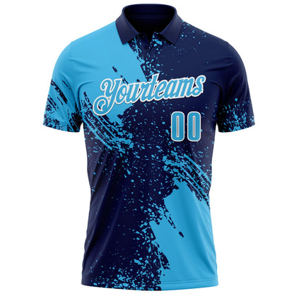 Custom Sky Blue Navy-White 3D Pattern Design Abstract Brush Stroke Performance Polo Shirt