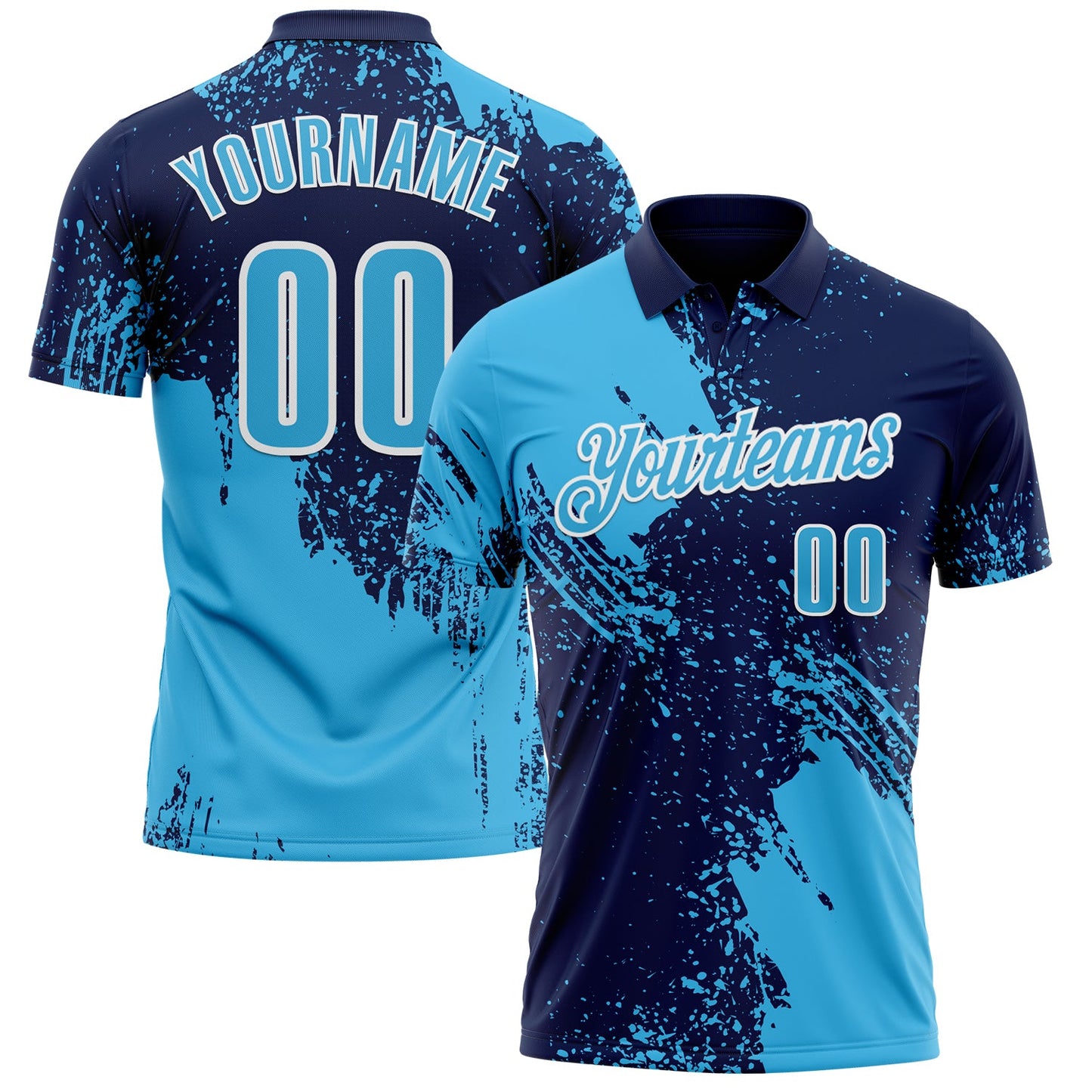 Custom Sky Blue Navy-White 3D Pattern Design Abstract Brush Stroke Performance Polo Shirt
