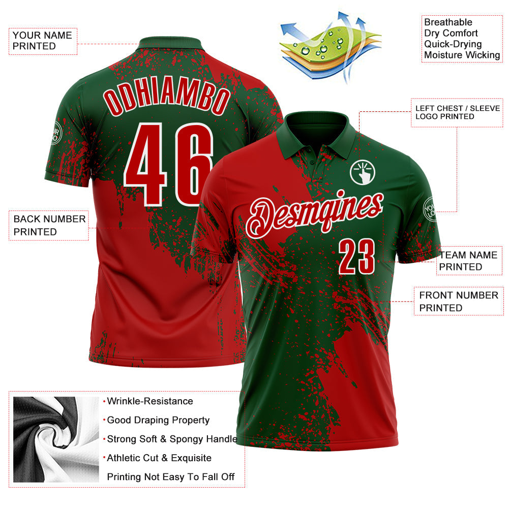 Custom Red Green-White 3D Pattern Design Abstract Brush Stroke Performance Polo Shirt
