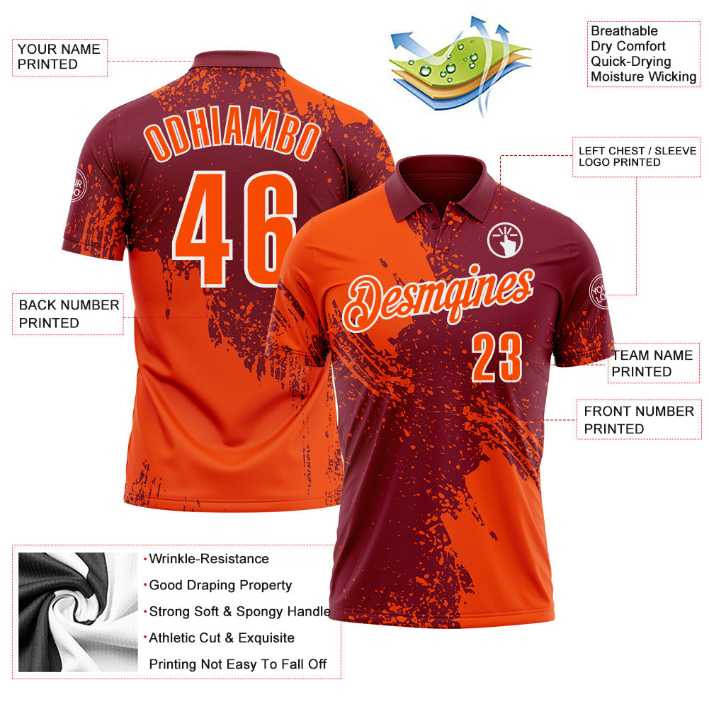 Custom Orange Crimson-White 3D Pattern Design Abstract Brush Stroke Performance Polo Shirt