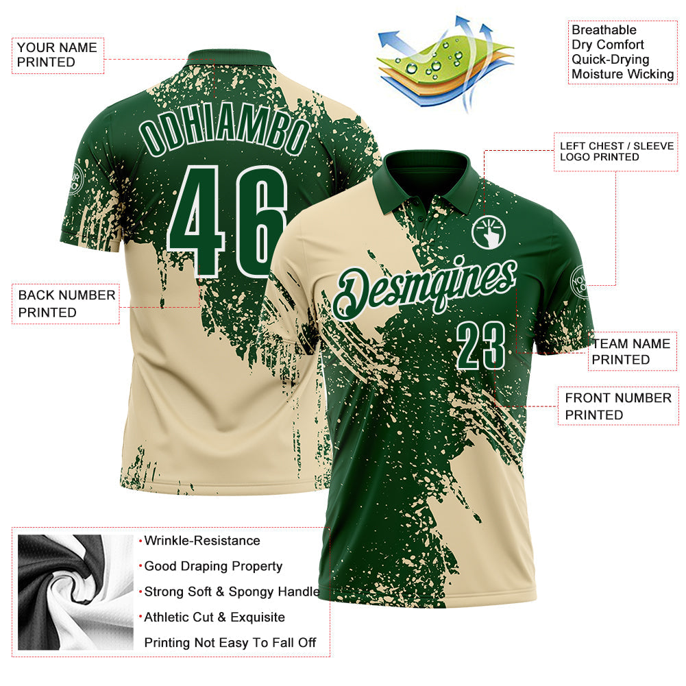 Custom Cream Green-White 3D Pattern Design Abstract Brush Stroke Performance Polo Shirt