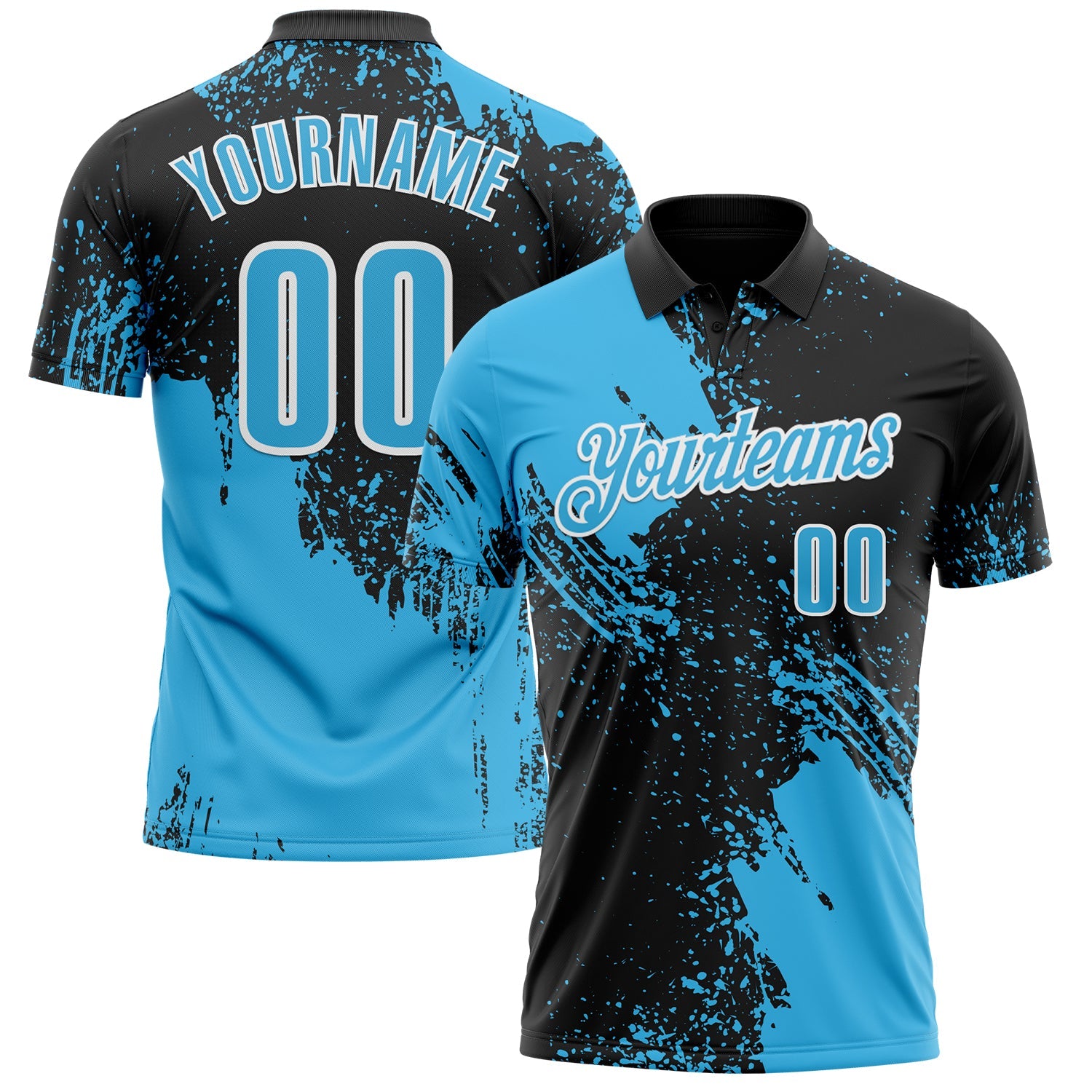 Custom Sky Blue Black-White 3D Pattern Design Abstract Brush Stroke Performance Polo Shirt