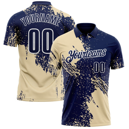 Custom Cream Navy-White 3D Pattern Design Abstract Brush Stroke Performance Polo Shirt