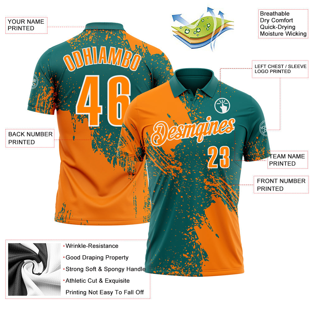 Custom Bay Orange Teal-White 3D Pattern Design Abstract Brush Stroke Performance Polo Shirt