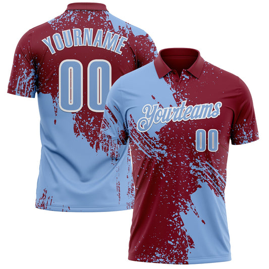 Custom Light Blue Crimson-White 3D Pattern Design Abstract Brush Stroke Performance Polo Shirt