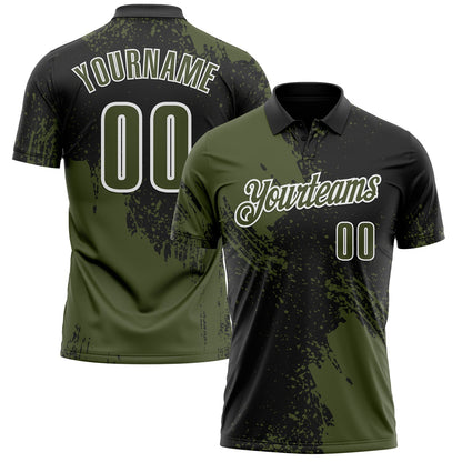 Custom Olive Black-White 3D Pattern Design Abstract Brush Stroke Performance Polo Shirt