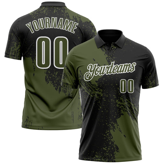 Custom Olive Black-White 3D Pattern Design Abstract Brush Stroke Performance Polo Shirt