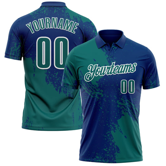 Custom Teal US Navy Blue-White 3D Pattern Design Abstract Brush Stroke Performance Polo Shirt