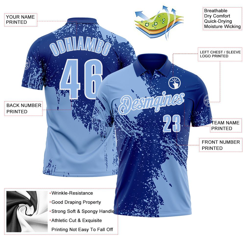 Custom Light Blue Royal-White 3D Pattern Design Abstract Brush Stroke Performance Polo Shirt