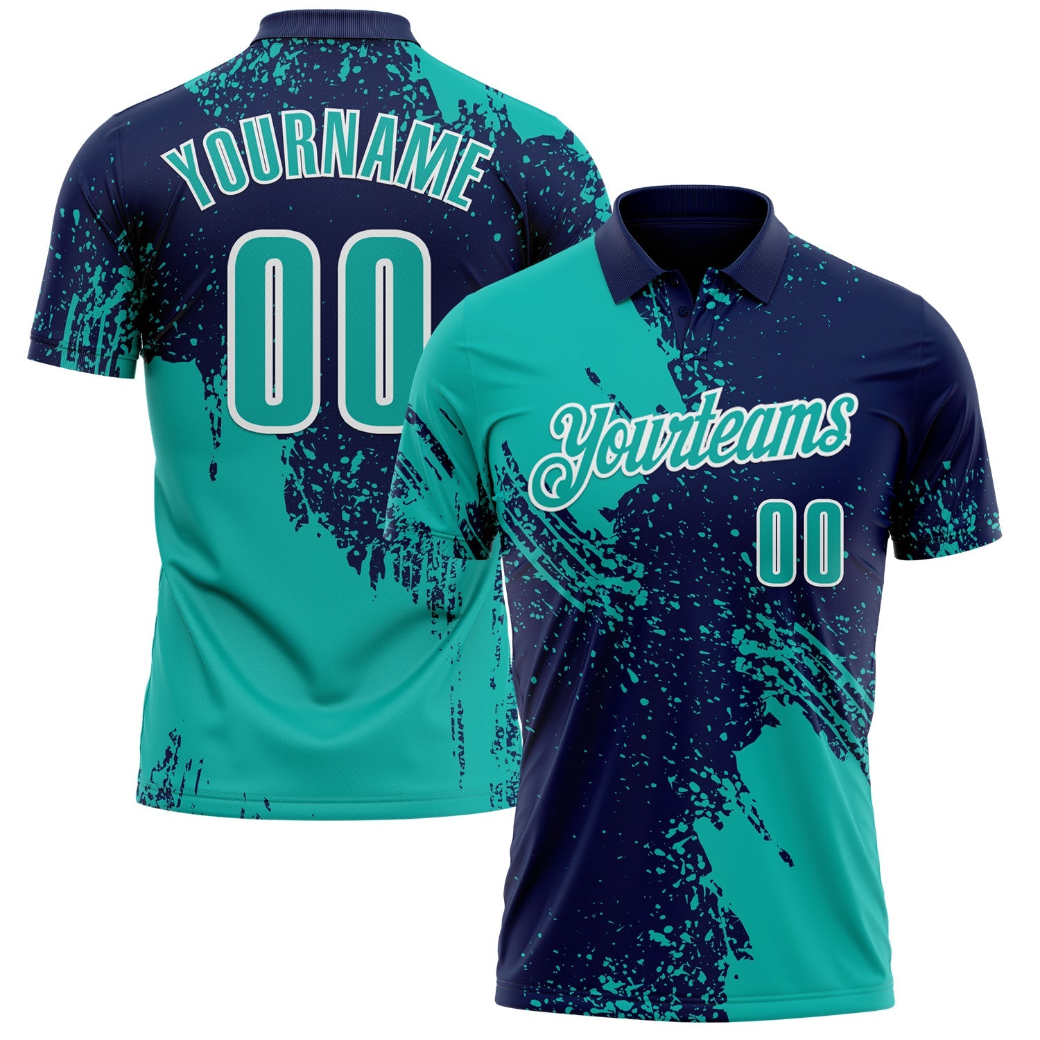 Custom Aqua Navy-White 3D Pattern Design Abstract Brush Stroke Performance Polo Shirt
