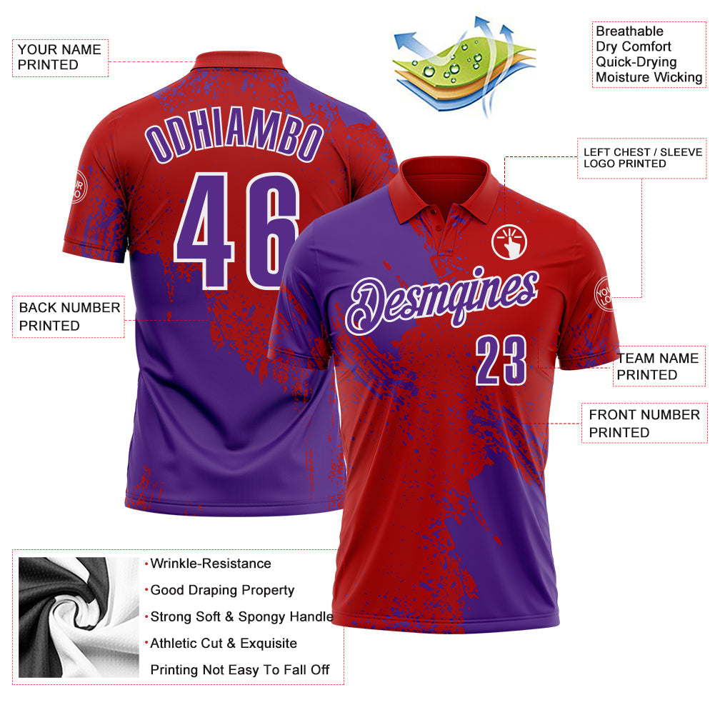 Custom Purple Red-White 3D Pattern Design Abstract Brush Stroke Performance Polo Shirt