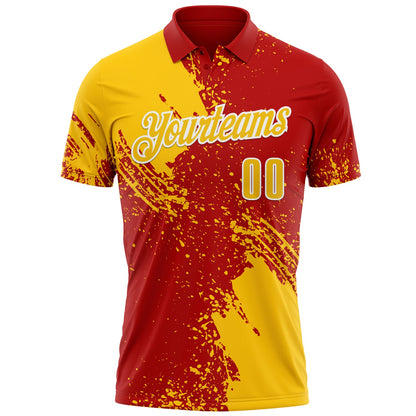 Custom Yellow Red-White 3D Pattern Design Abstract Brush Stroke Performance Polo Shirt