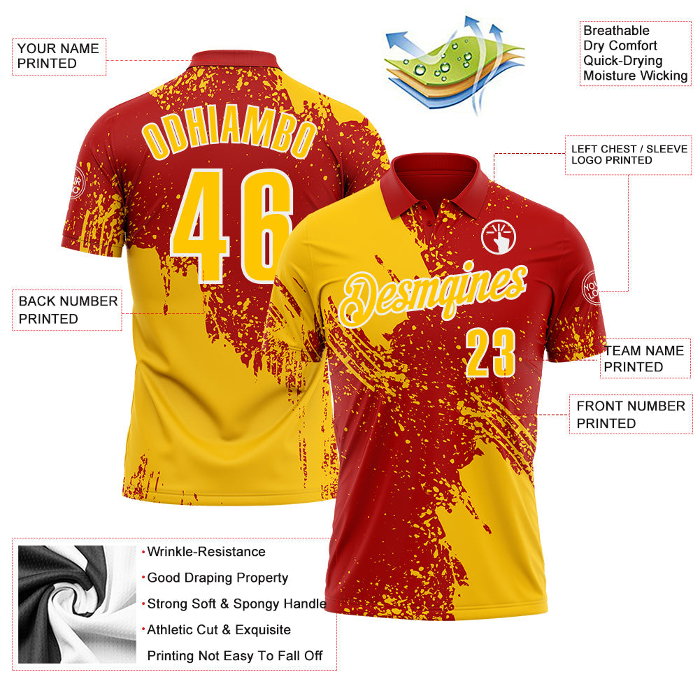 Custom Yellow Red-White 3D Pattern Design Abstract Brush Stroke Performance Polo Shirt