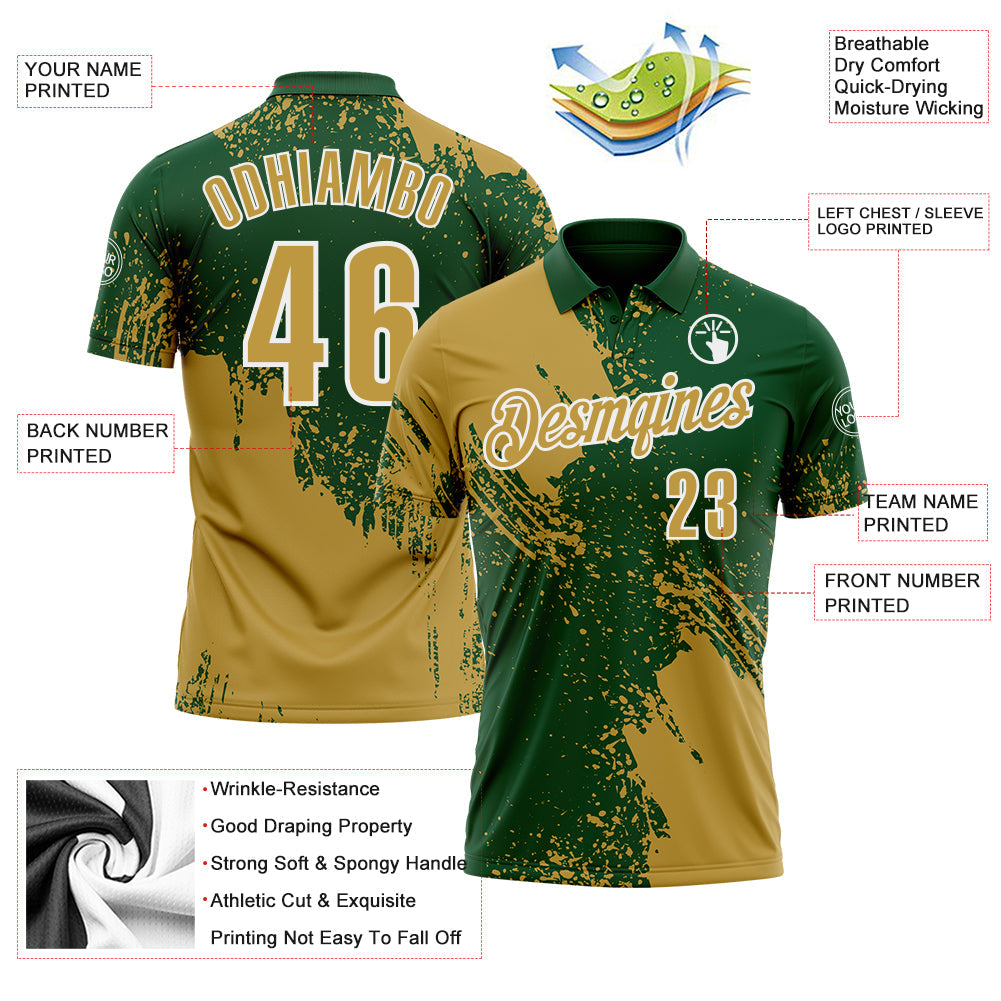 Custom Old Gold Green-White 3D Pattern Design Abstract Brush Stroke Performance Polo Shirt