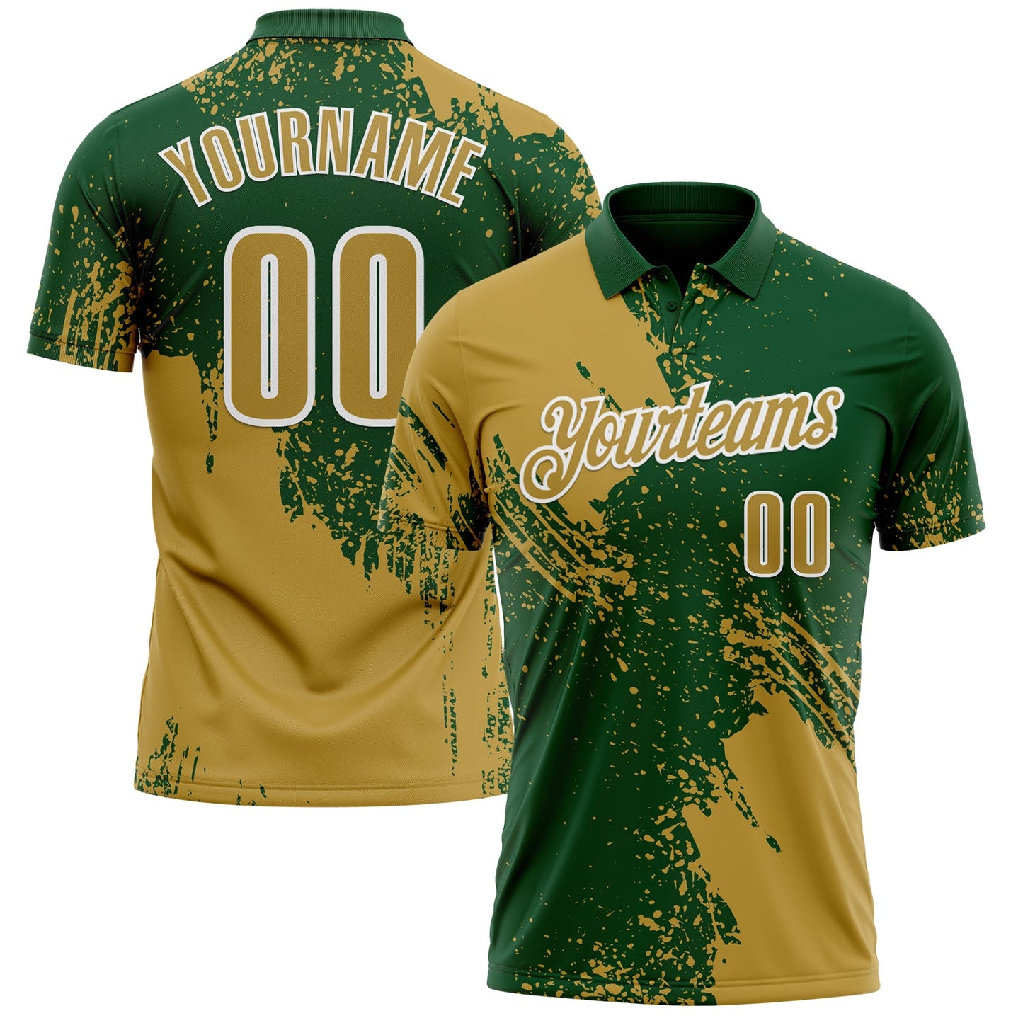 Custom Old Gold Green-White 3D Pattern Design Abstract Brush Stroke Performance Polo Shirt