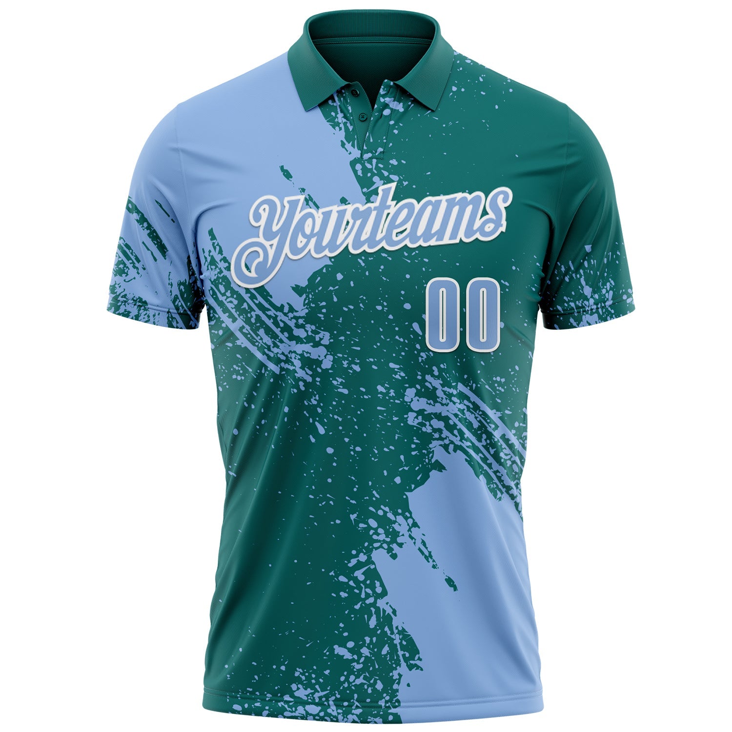 Custom Light Blue Teal-White 3D Pattern Design Abstract Brush Stroke Performance Polo Shirt