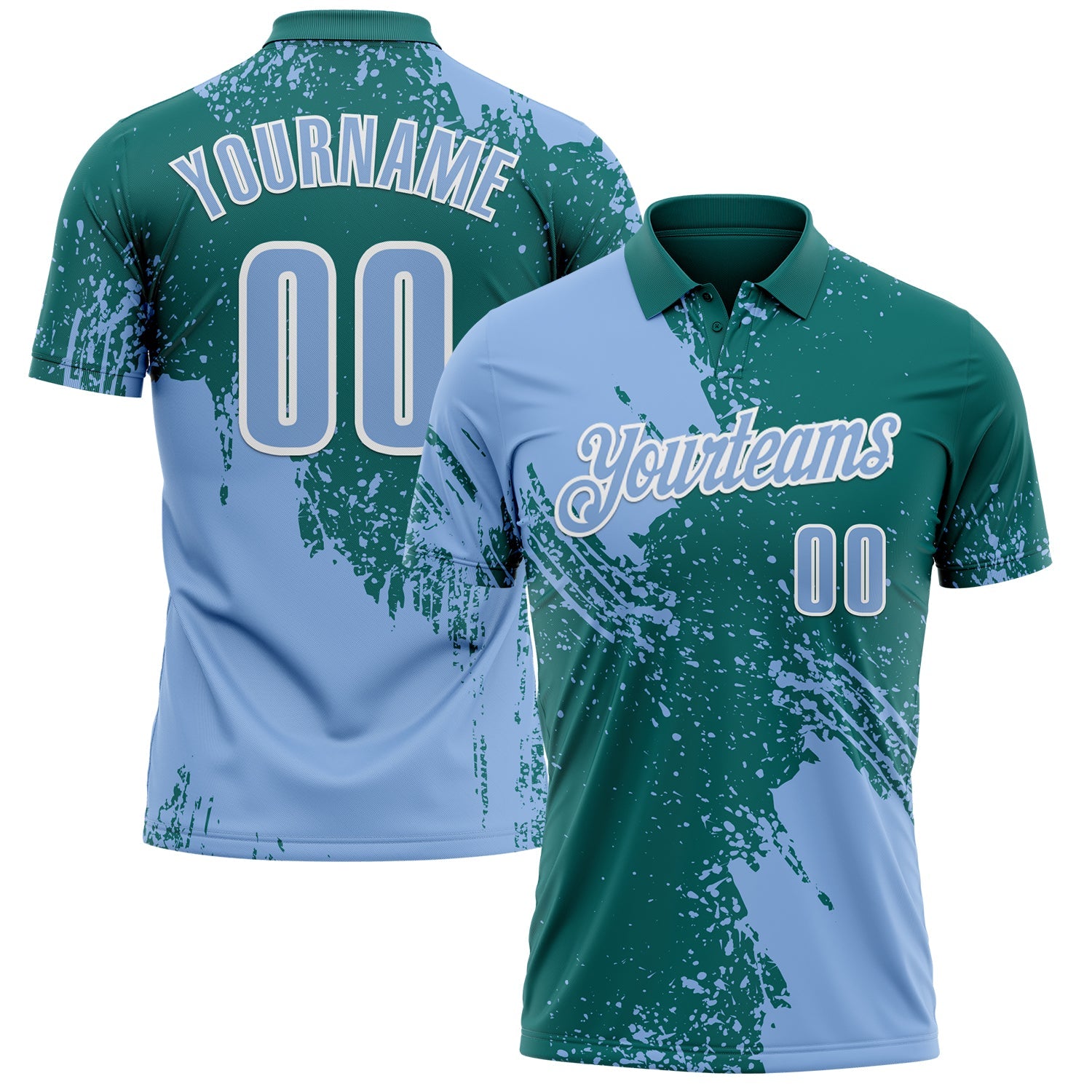 Custom Light Blue Teal-White 3D Pattern Design Abstract Brush Stroke Performance Polo Shirt