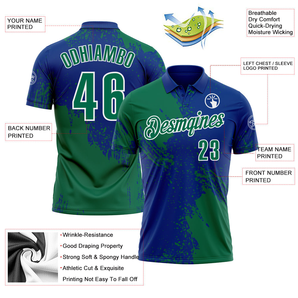 Custom Kelly Green Royal-White 3D Pattern Design Abstract Brush Stroke Performance Polo Shirt