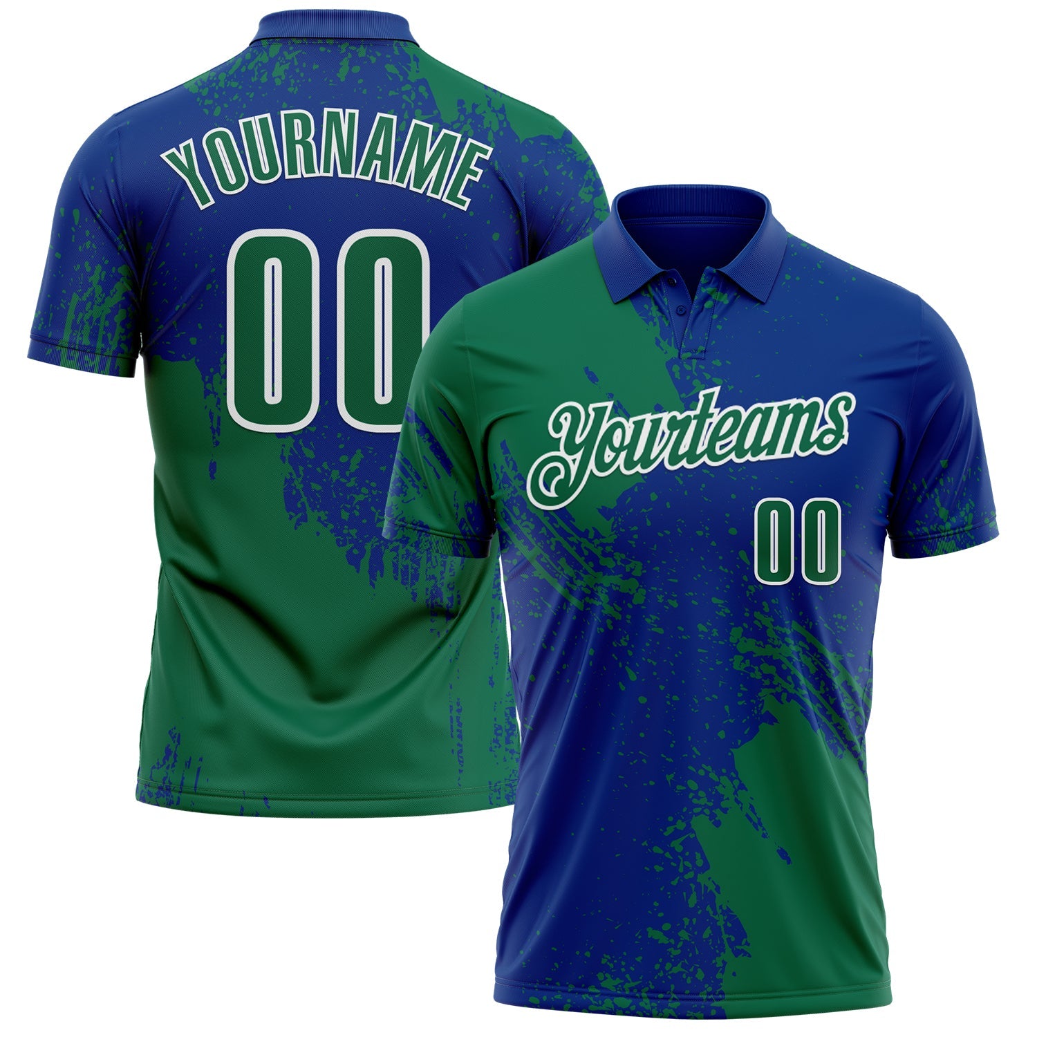 Custom Kelly Green Royal-White 3D Pattern Design Abstract Brush Stroke Performance Polo Shirt
