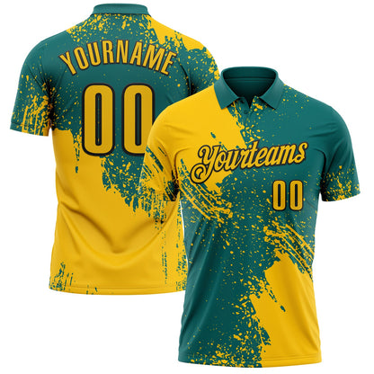 Custom Yellow Teal-Black 3D Pattern Design Abstract Brush Stroke Performance Polo Shirt