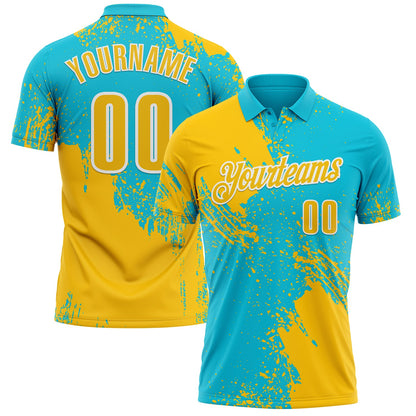 Custom Yellow Lakes Blue-White 3D Pattern Design Abstract Brush Stroke Performance Polo Shirt