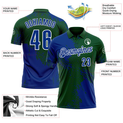 Custom Royal Green-White 3D Pattern Design Abstract Brush Stroke Performance Polo Shirt