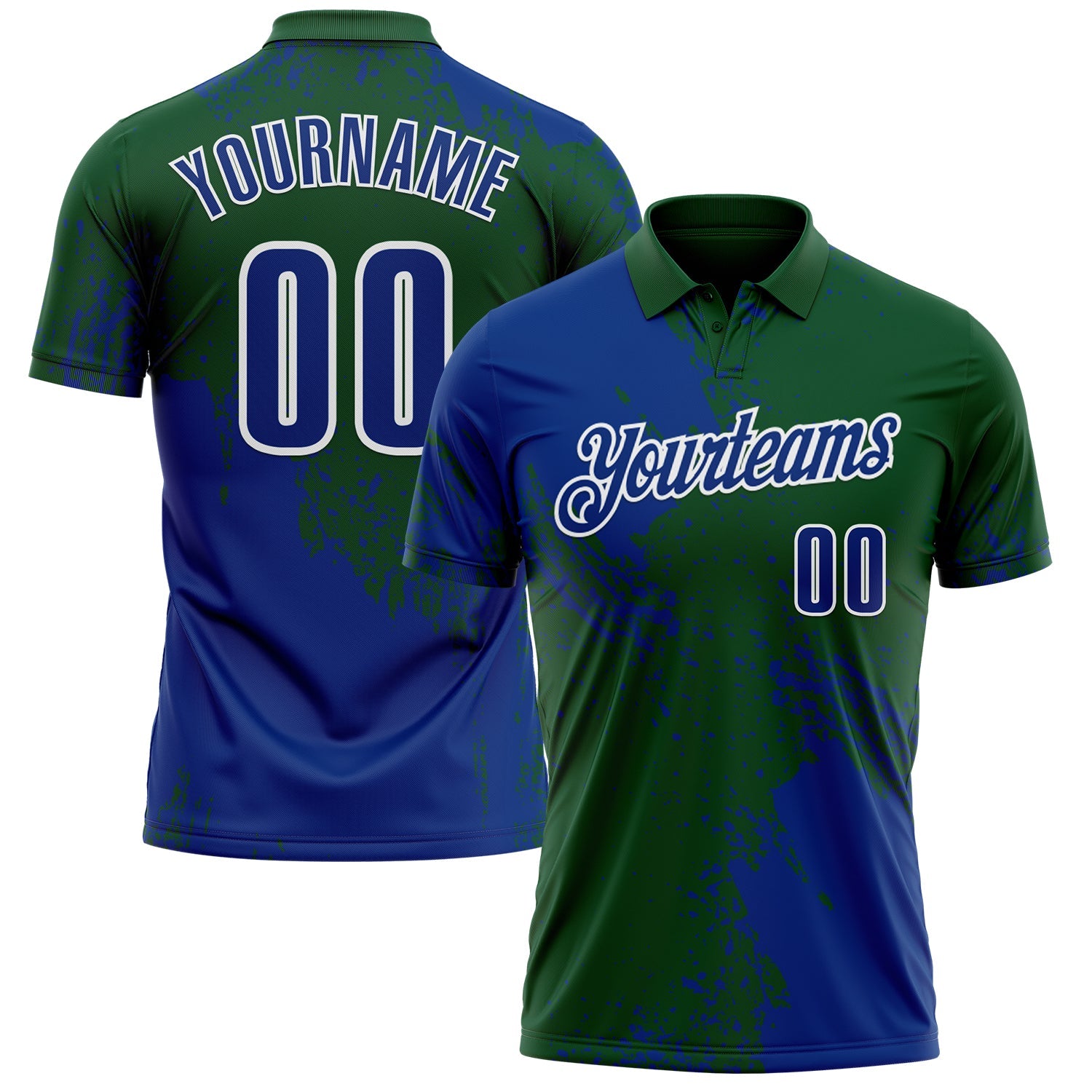 Custom Royal Green-White 3D Pattern Design Abstract Brush Stroke Performance Polo Shirt