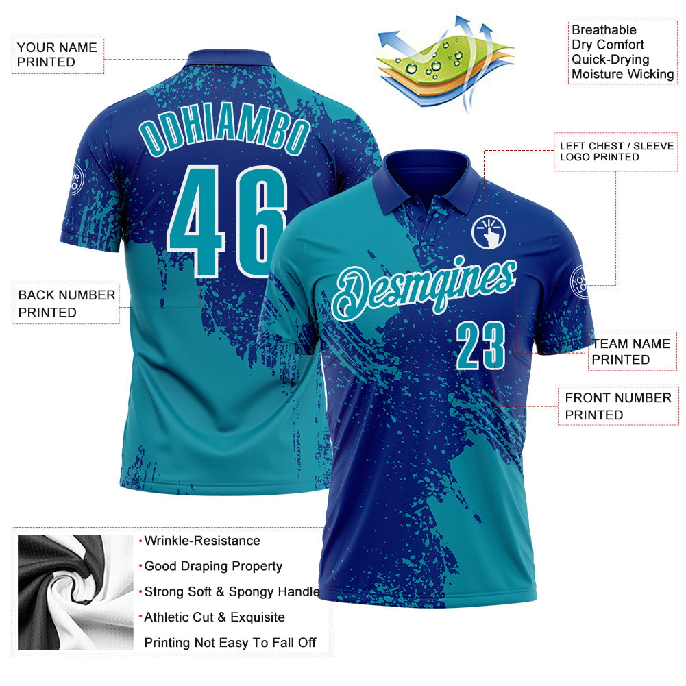 Custom Teal Royal-White 3D Pattern Design Abstract Brush Stroke Performance Polo Shirt