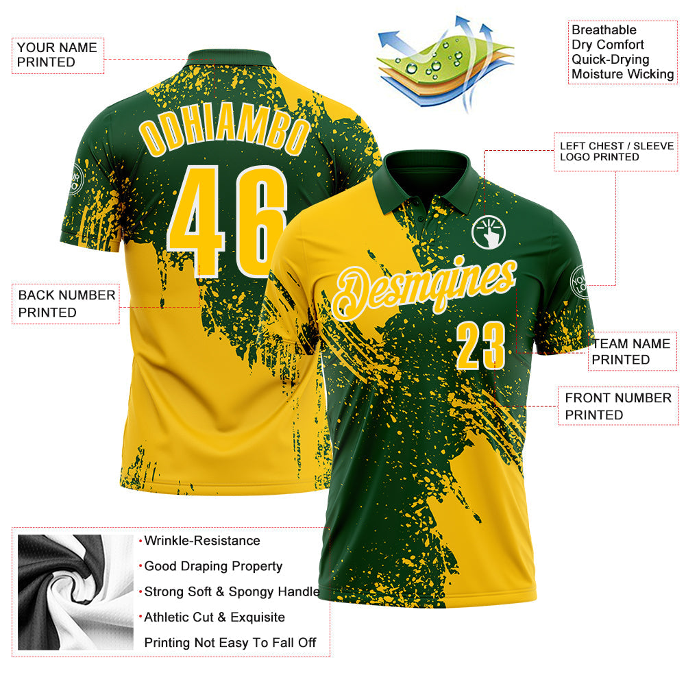 Custom Yellow Green-White 3D Pattern Design Abstract Brush Stroke Performance Polo Shirt