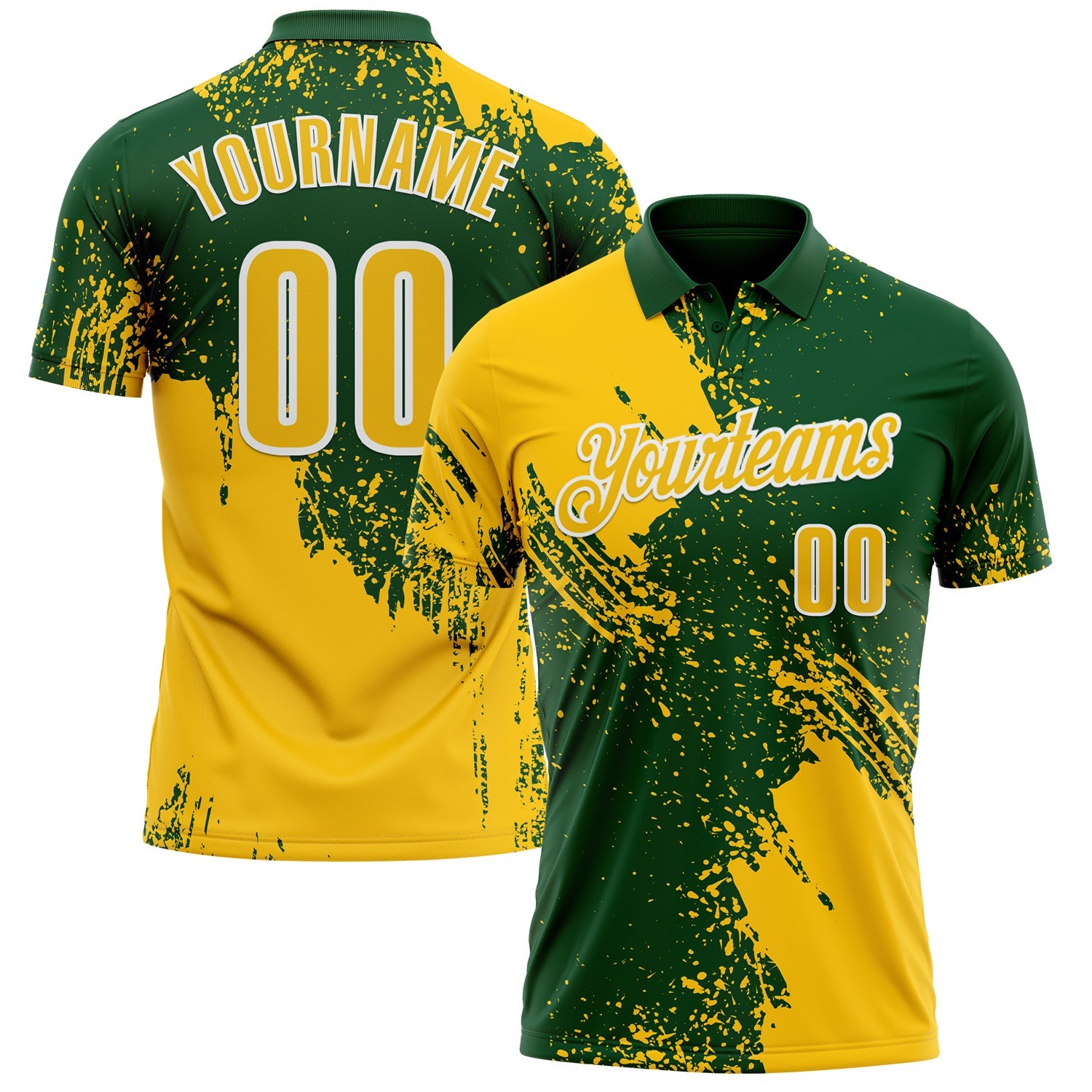 Custom Yellow Green-White 3D Pattern Design Abstract Brush Stroke Performance Polo Shirt
