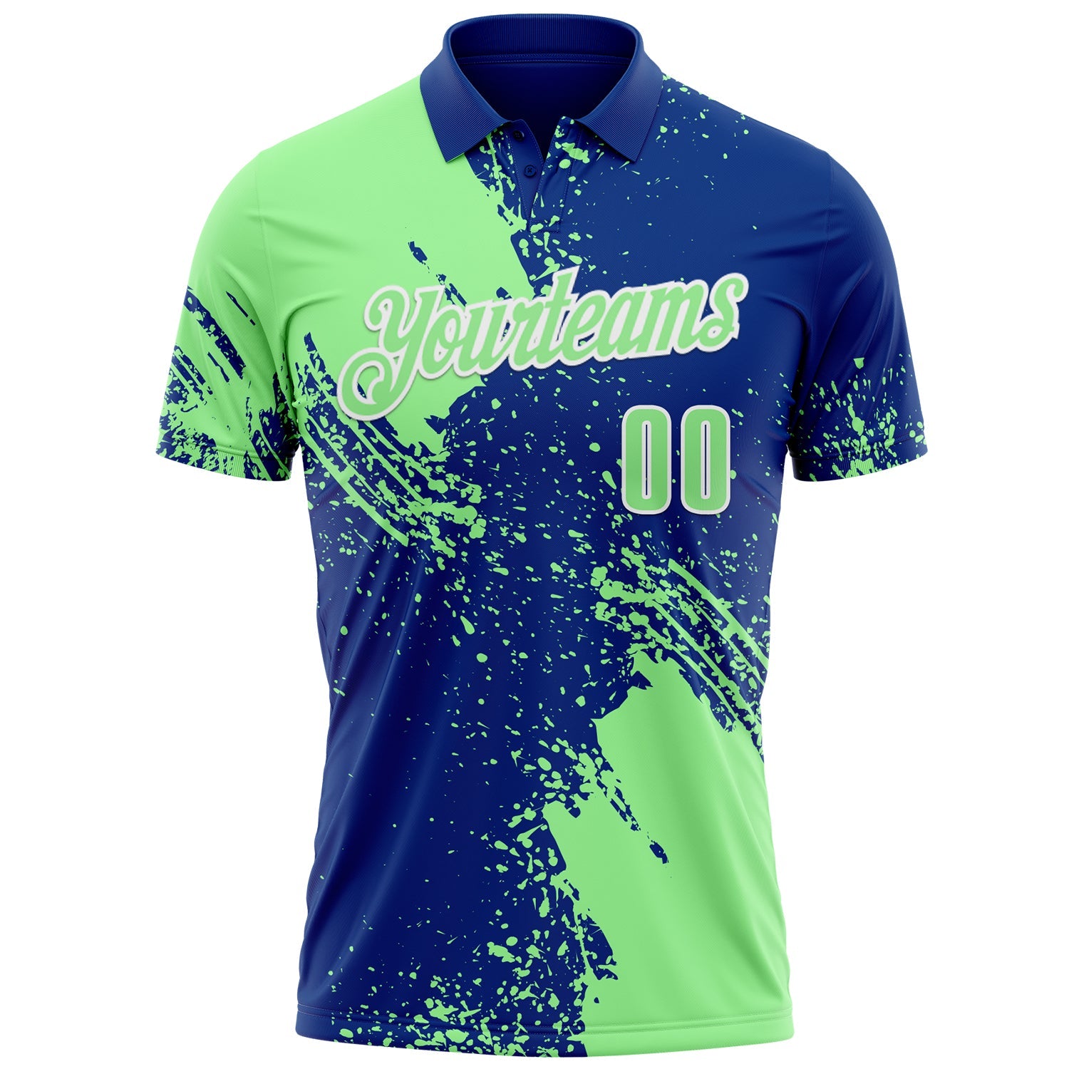 Custom Pea Green Royal-White 3D Pattern Design Abstract Brush Stroke Performance Polo Shirt