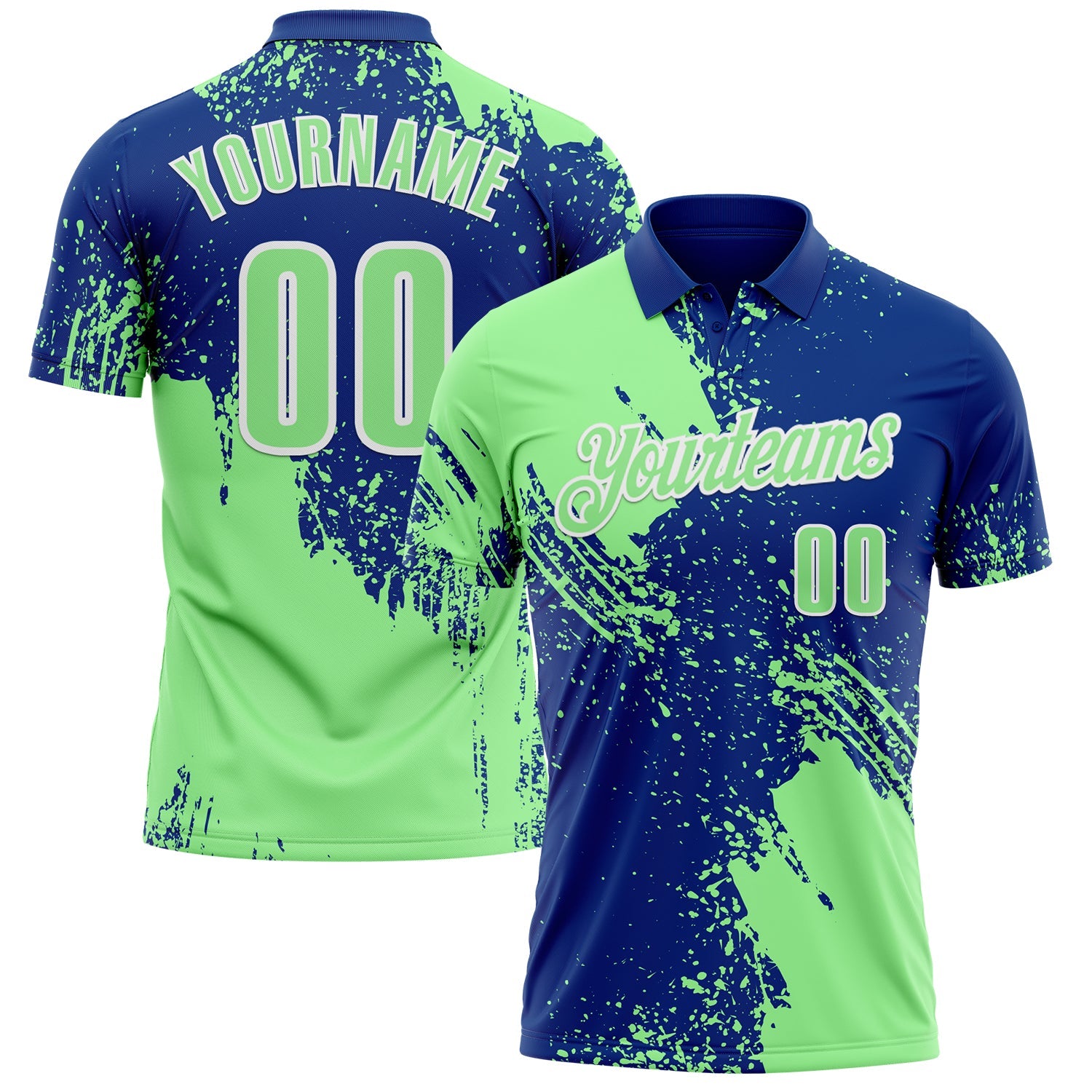 Custom Pea Green Royal-White 3D Pattern Design Abstract Brush Stroke Performance Polo Shirt