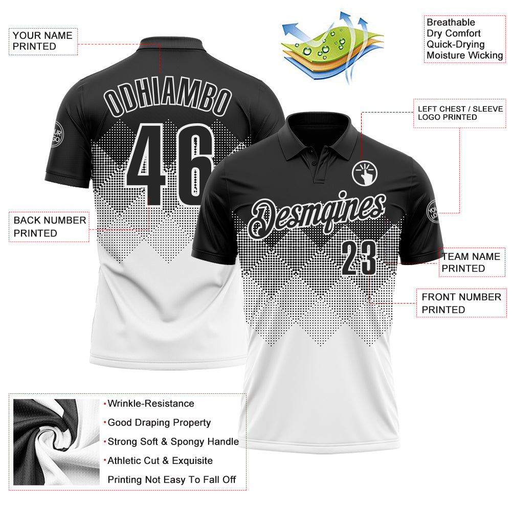 Custom Black White 3D Gradient Square Shape Performance Polo Shirt